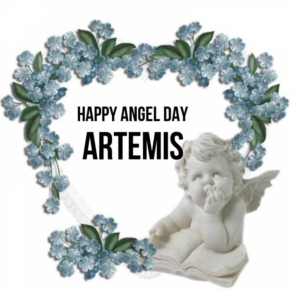 Greetings card с именем, Artemis happy angel day голубые цветы и мраморный ангел Greetings with text for free download 