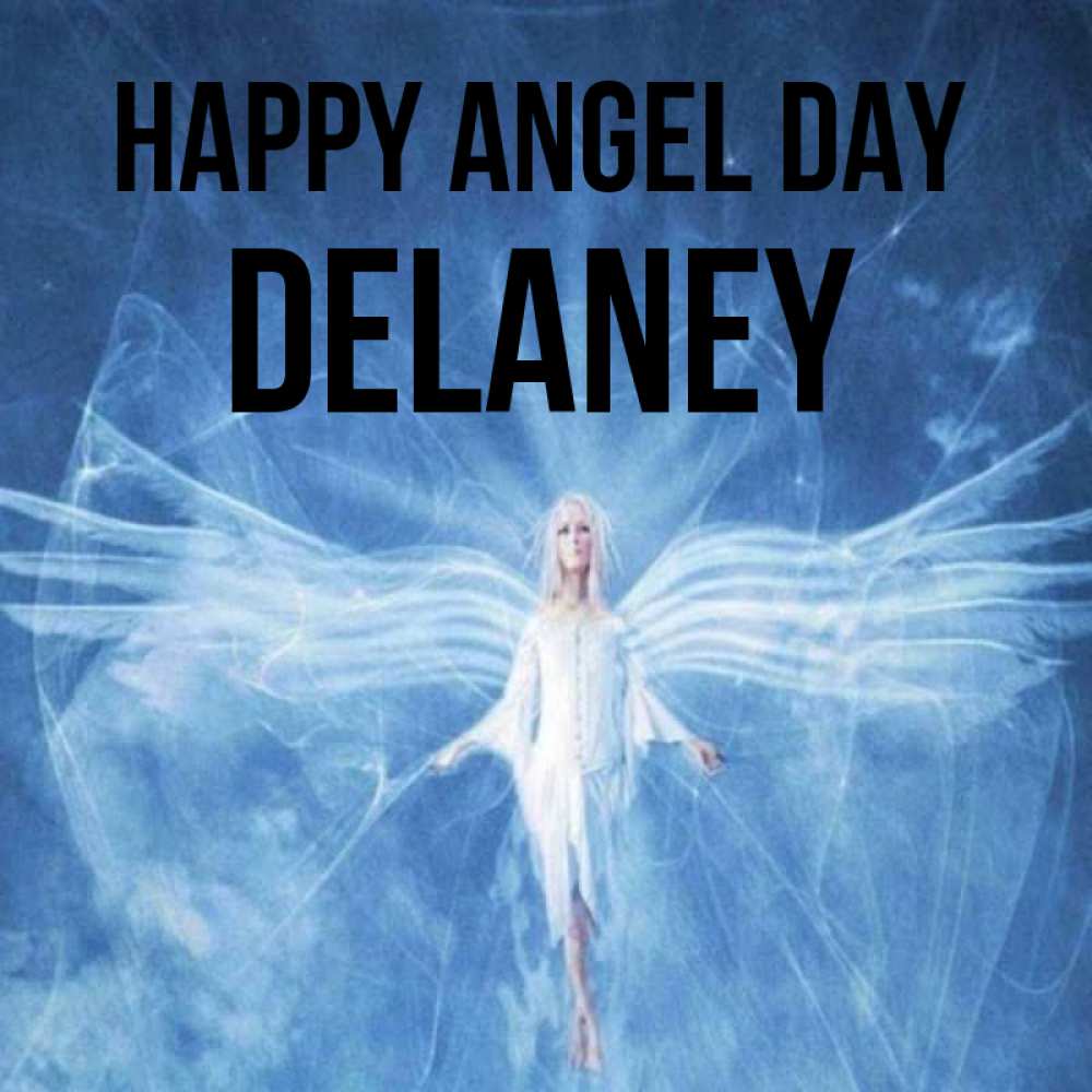 Greetings card с именем, Delaney happy angel day голубой фон и крылья как у стрекозы Greetings with text for free download 