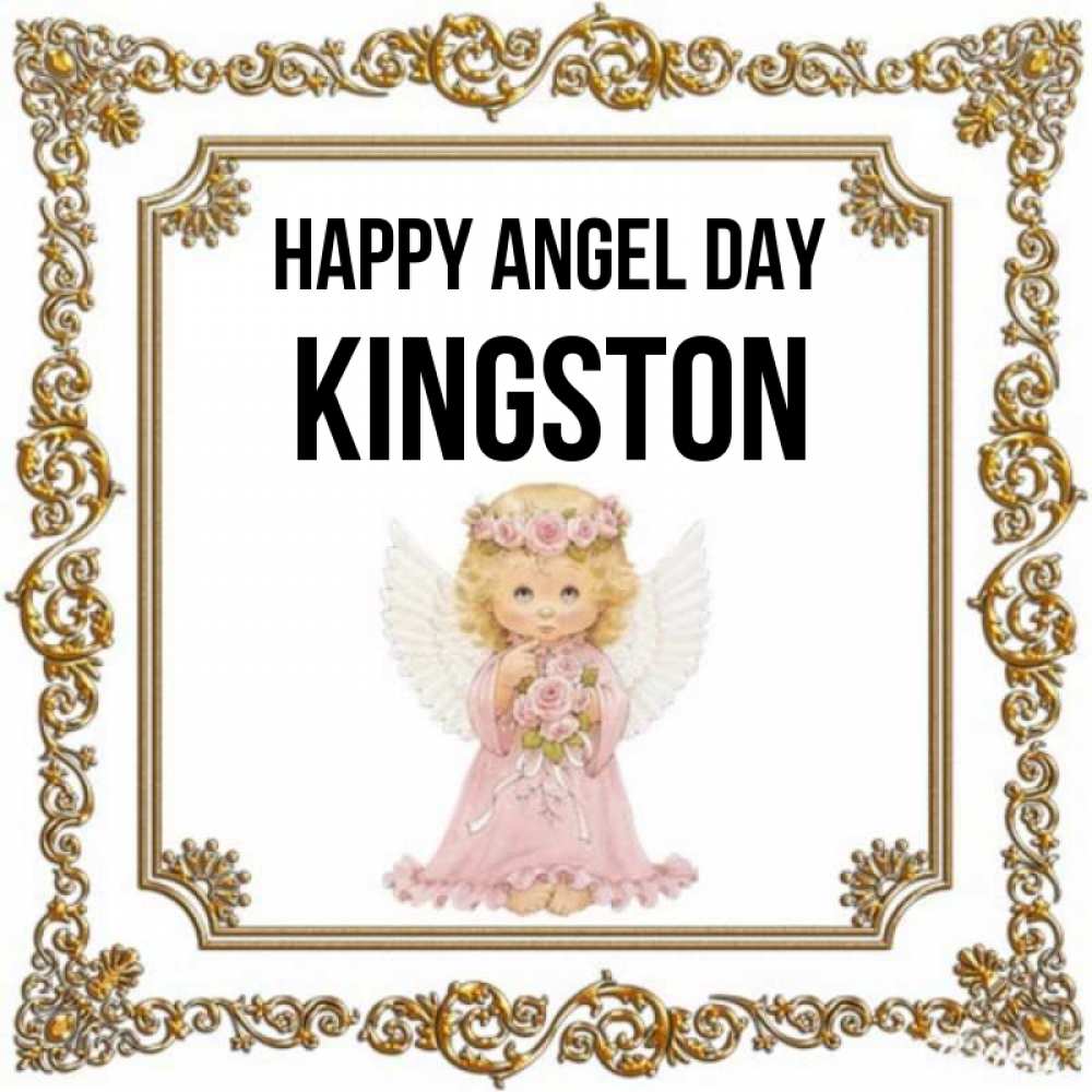 Greetings card с именем, Kingston happy angel day девочка ангел с крыльями и цветами в розовом платье Greetings with text for free download 
