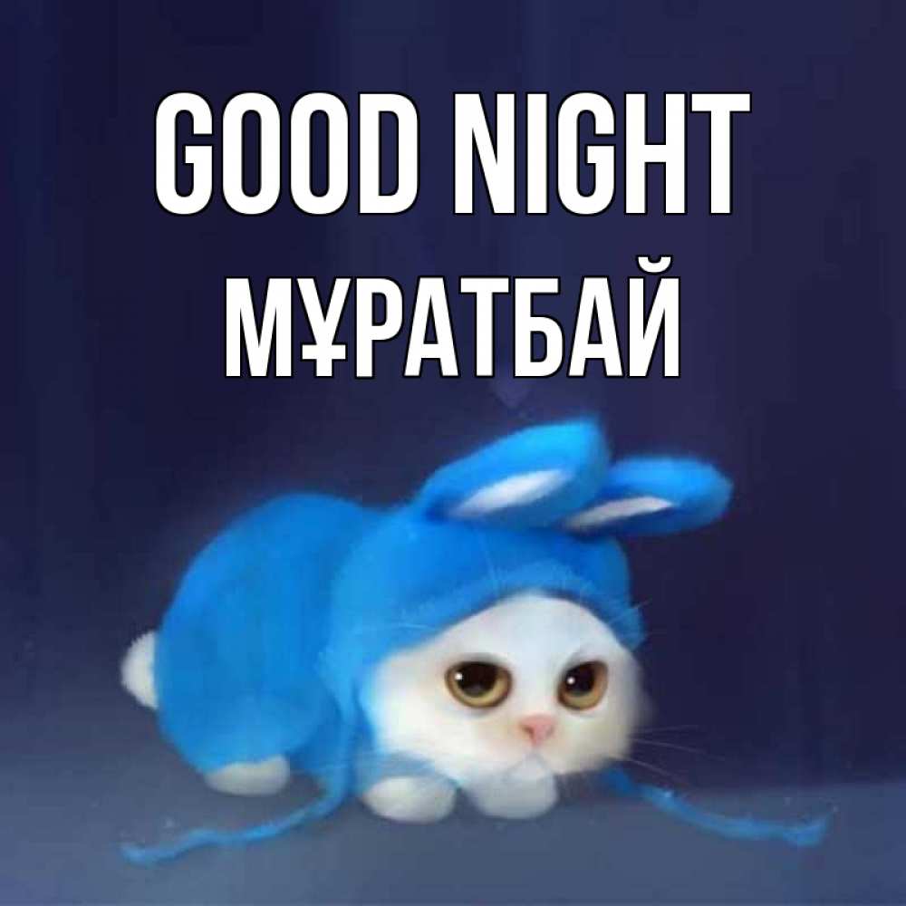 Greetings card с именем, Мұратбай Good night кот в голубом костюме кролика с ушками Greetings with text for free download 