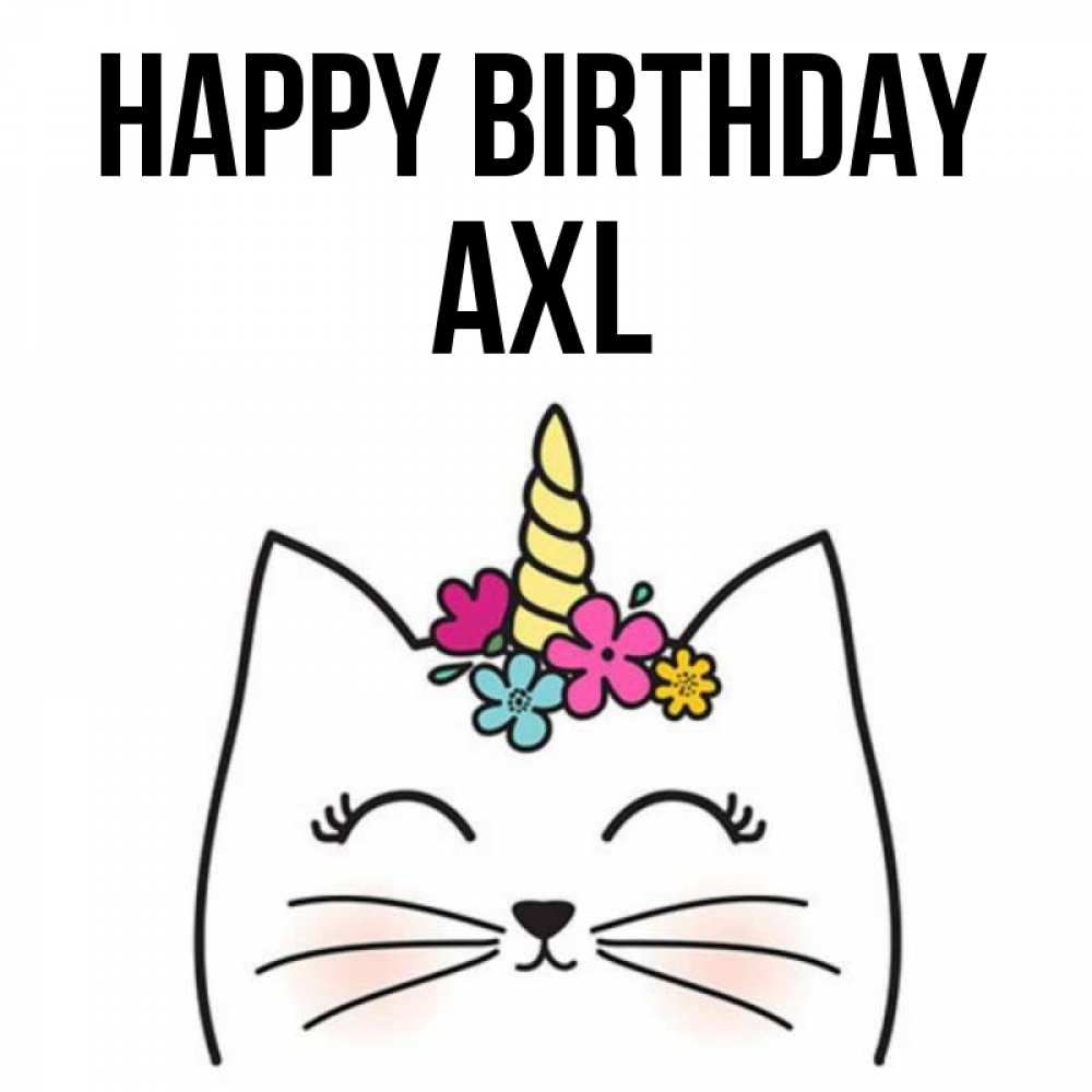 Greetings card с именем, Axl Happy Birthday милый кот с одним рожком Greetings with text for free download 
