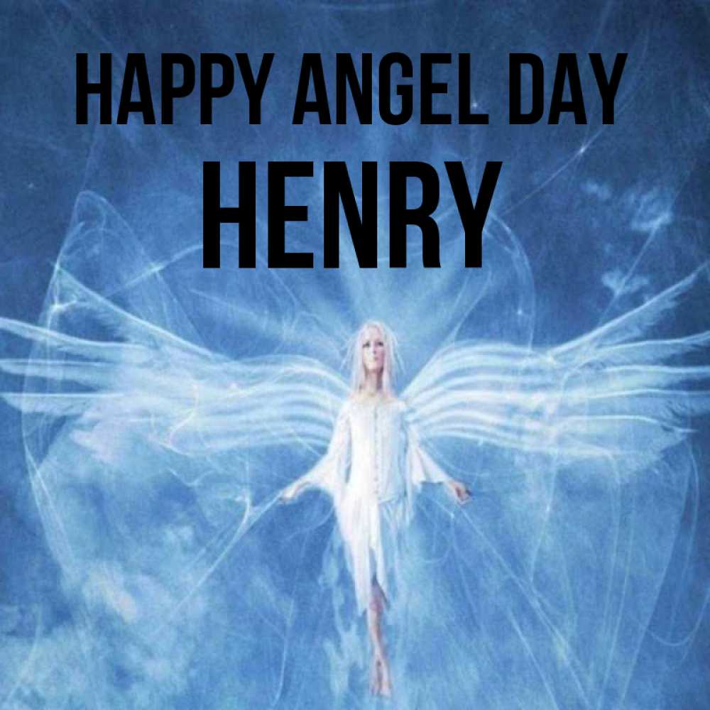 Greetings card с именем, Henry happy angel day голубой фон и крылья как у стрекозы Greetings with text for free download 
