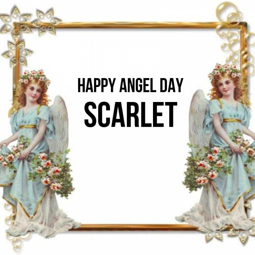 Greetings card с именем, Scarlet happy angel day рамочка из золота и ангелы Greetings with text for free download 