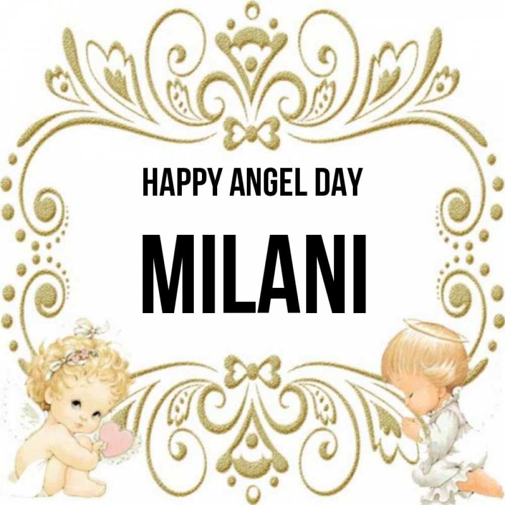 Greetings card с именем, Milani happy angel day с именинами поздравляют два красивых ангела. Один с сердечком другой молится Greetings with text for free download 