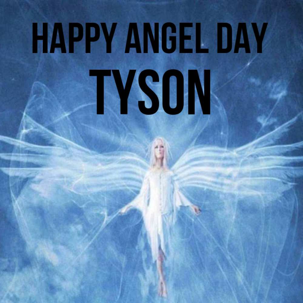 Greetings card с именем, Tyson happy angel day голубой фон и крылья как у стрекозы Greetings with text for free download 