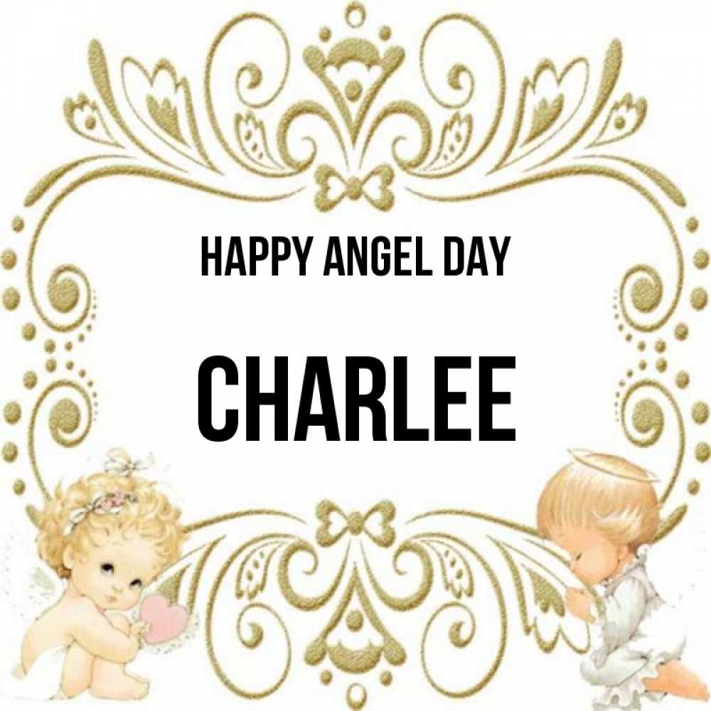 Greetings card с именем, Charlee happy angel day с именинами поздравляют два красивых ангела. Один с сердечком другой молится Greetings with text for free download 