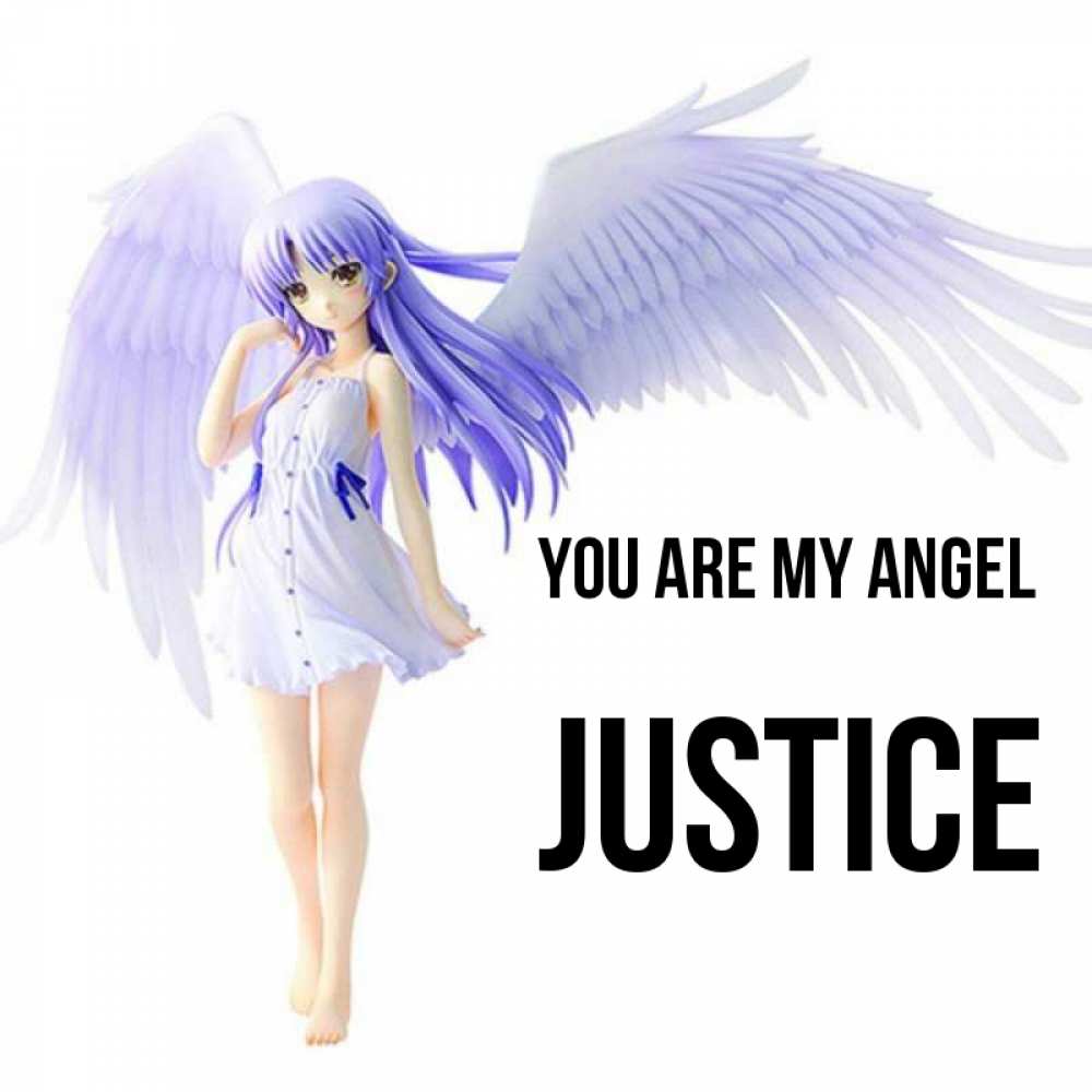 Greetings card с именем, Justice You are my angel девушка ангел с фиолетовыми крыльями Greetings with text for free download 