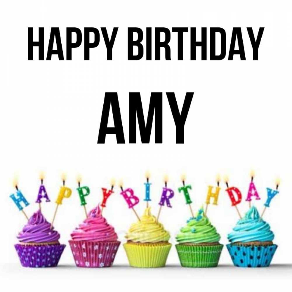 Greetings card с именем, Amy Happy Birthday открытка ко дню рождения с разноцветными вкусняшками Greetings with text for free download 