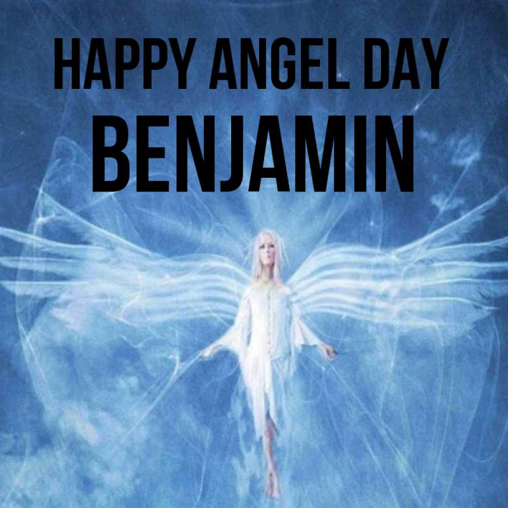 Greetings card с именем, Benjamin happy angel day голубой фон и крылья как у стрекозы Greetings with text for free download 