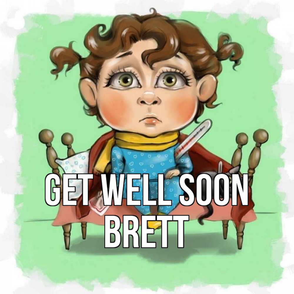 Greetings card с именем, Brett Get well soon лежит с котом и градусниками Greetings with text for free download 