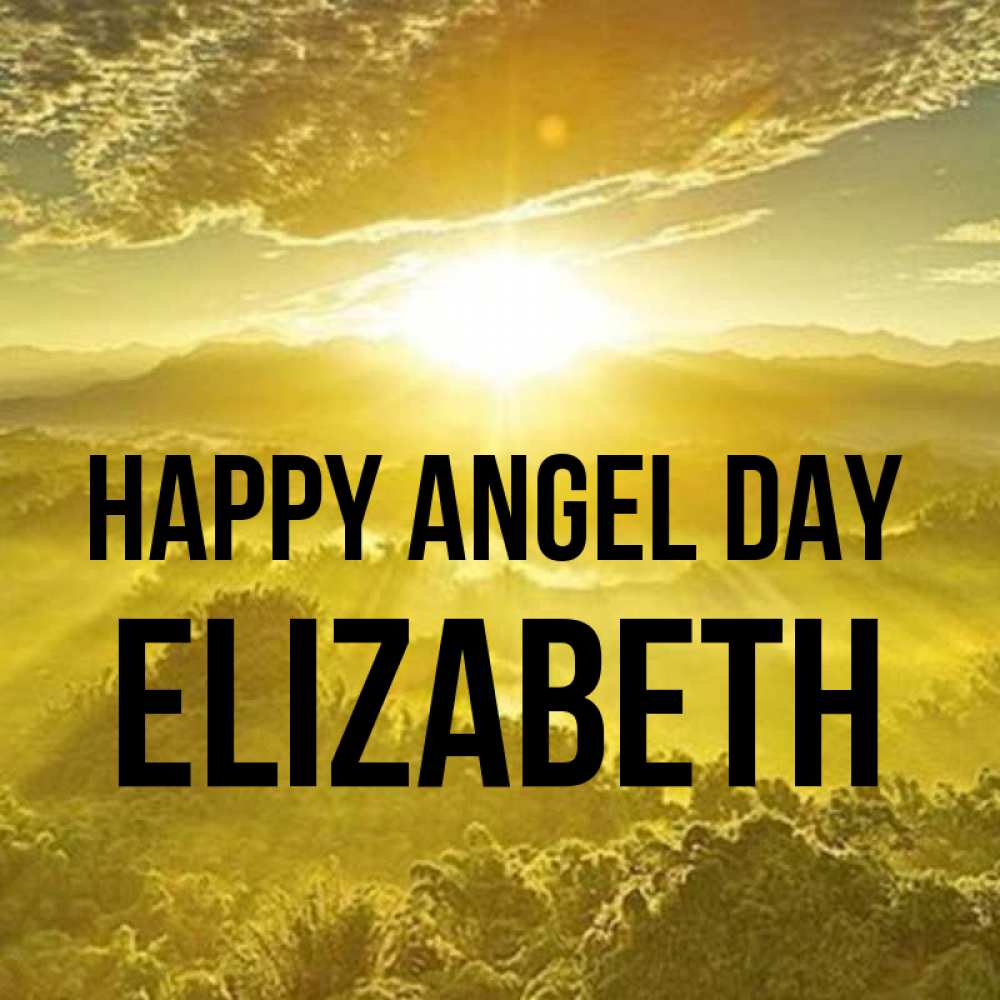 Greetings card с именем, Elizabeth happy angel day леса и небо в желтом Greetings with text for free download 