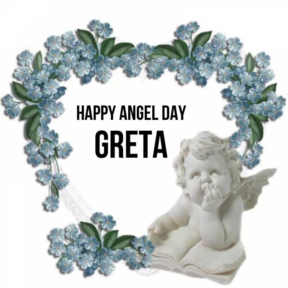 Greetings card с именем, Greta happy angel day голубые цветы и мраморный ангел Greetings with text for free download 