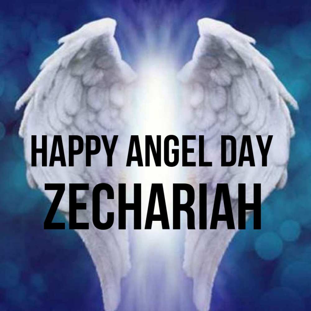 Greetings card с именем, Zechariah happy angel day синий фон и крылышки Greetings with text for free download 
