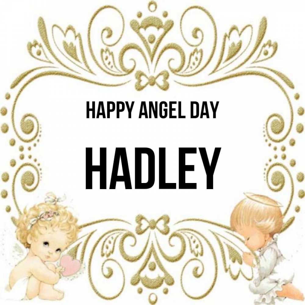 Greetings card с именем, Hadley happy angel day с именинами поздравляют два красивых ангела. Один с сердечком другой молится Greetings with text for free download 