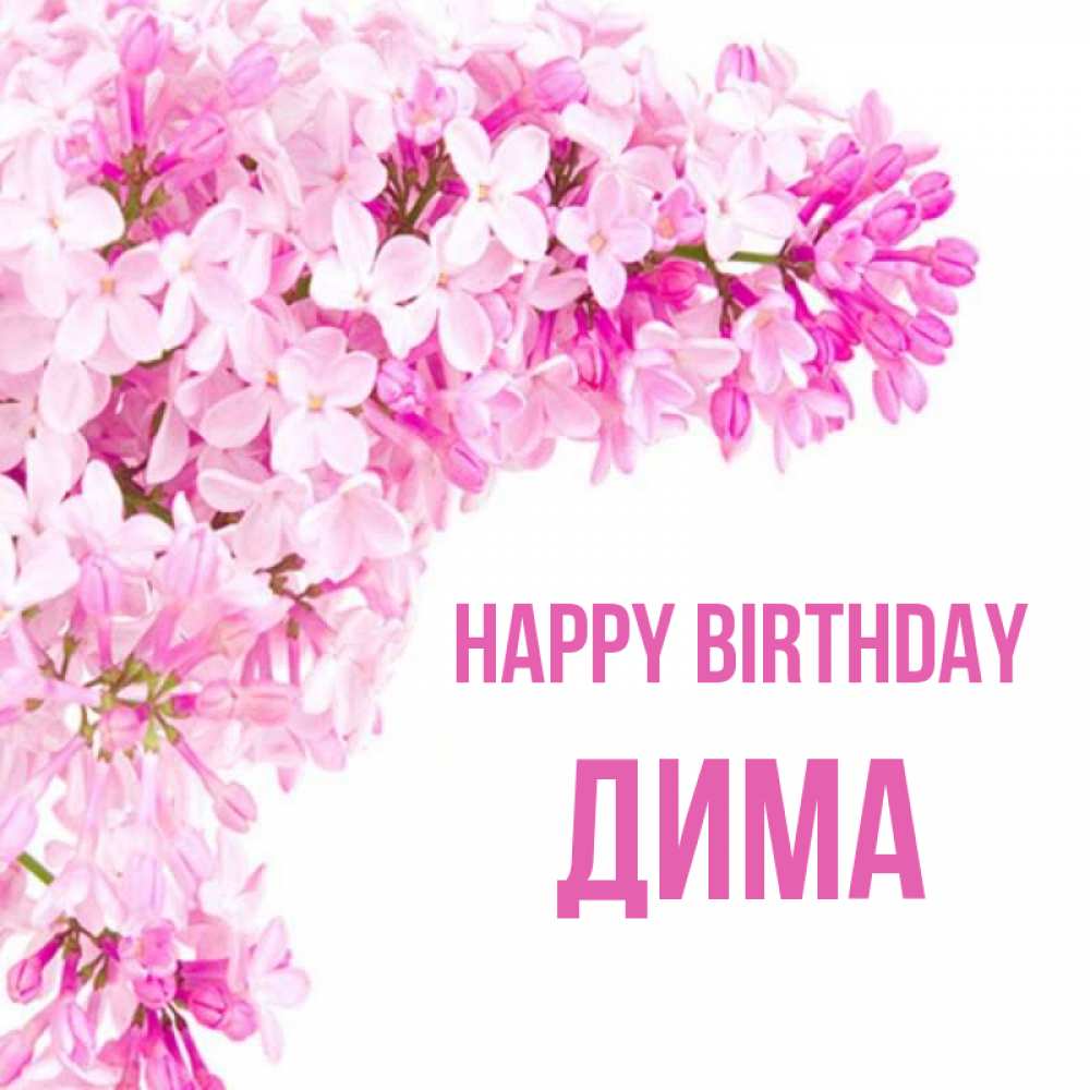 Greetings card с именем, Дима Happy Birthday Сирень на белом фоне Greetings with text for free download 