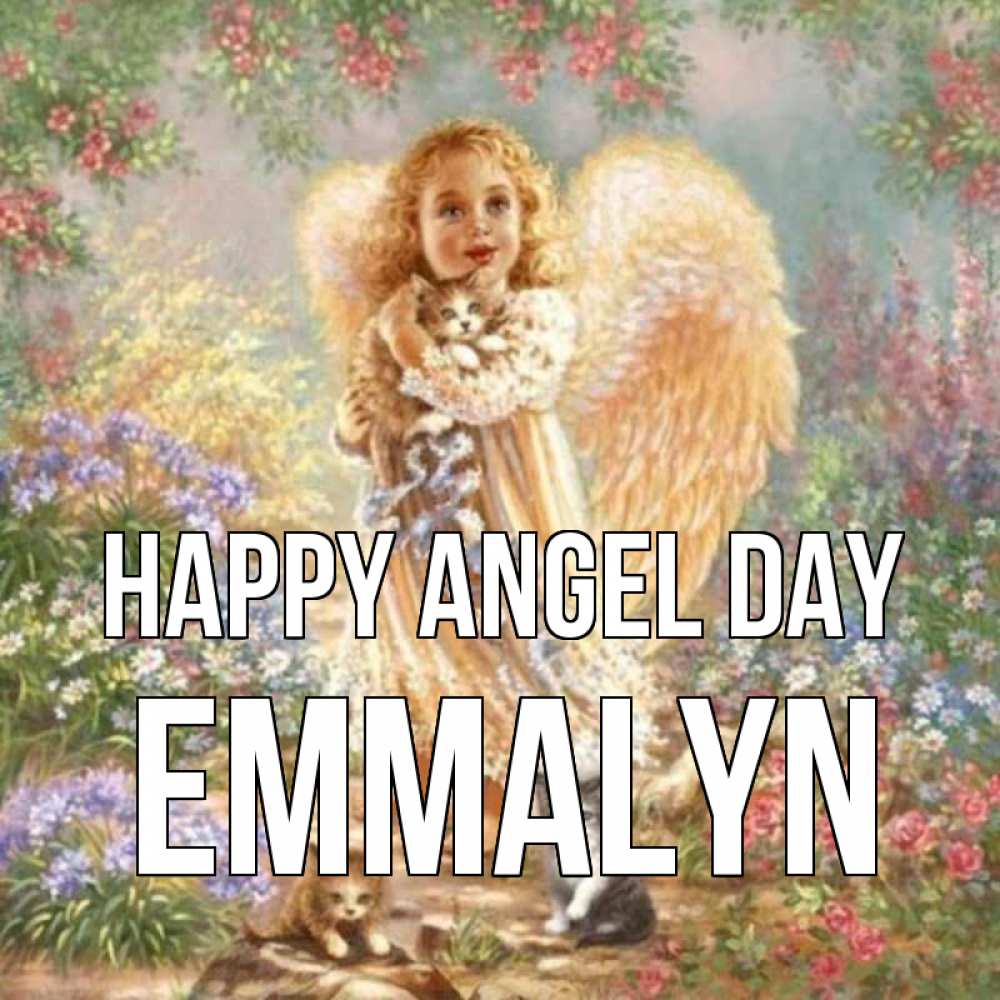 Greetings card с именем, Emmalyn happy angel day держит котенка Greetings with text for free download 