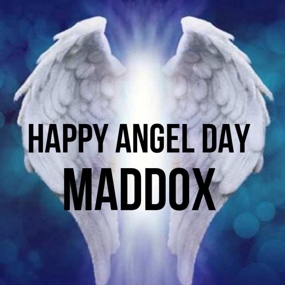 Greetings card с именем, Maddox happy angel day синий фон и крылышки Greetings with text for free download 