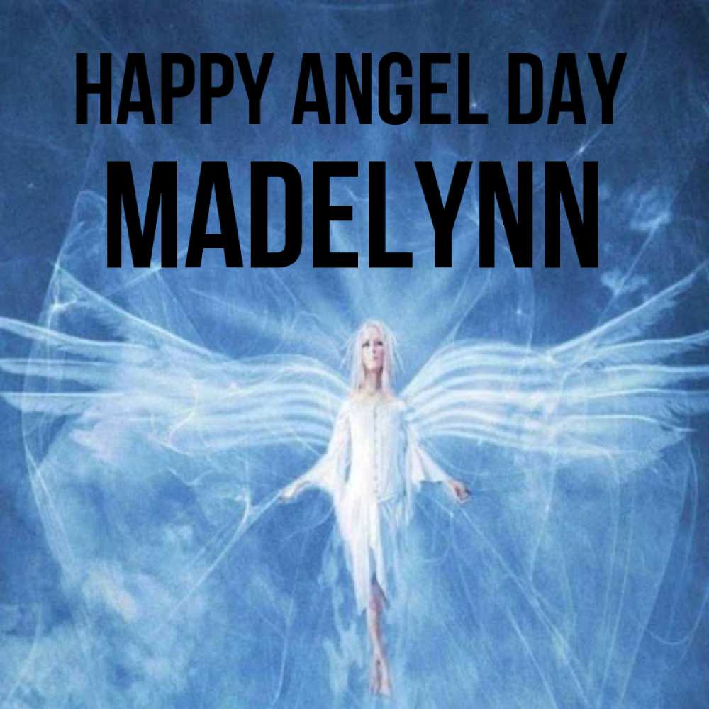 Greetings card с именем, Madelynn happy angel day голубой фон и крылья как у стрекозы Greetings with text for free download 