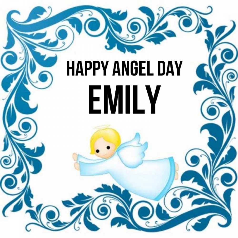 Greetings card с именем, Emily happy angel day девочка ангел и синяя рамка Greetings with text for free download 