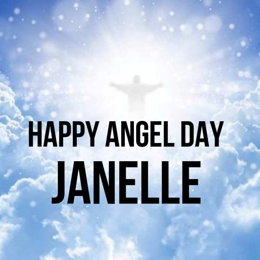 Greetings card с именем, Janelle happy angel day ангел на облаках в свете солнца Greetings with text for free download 