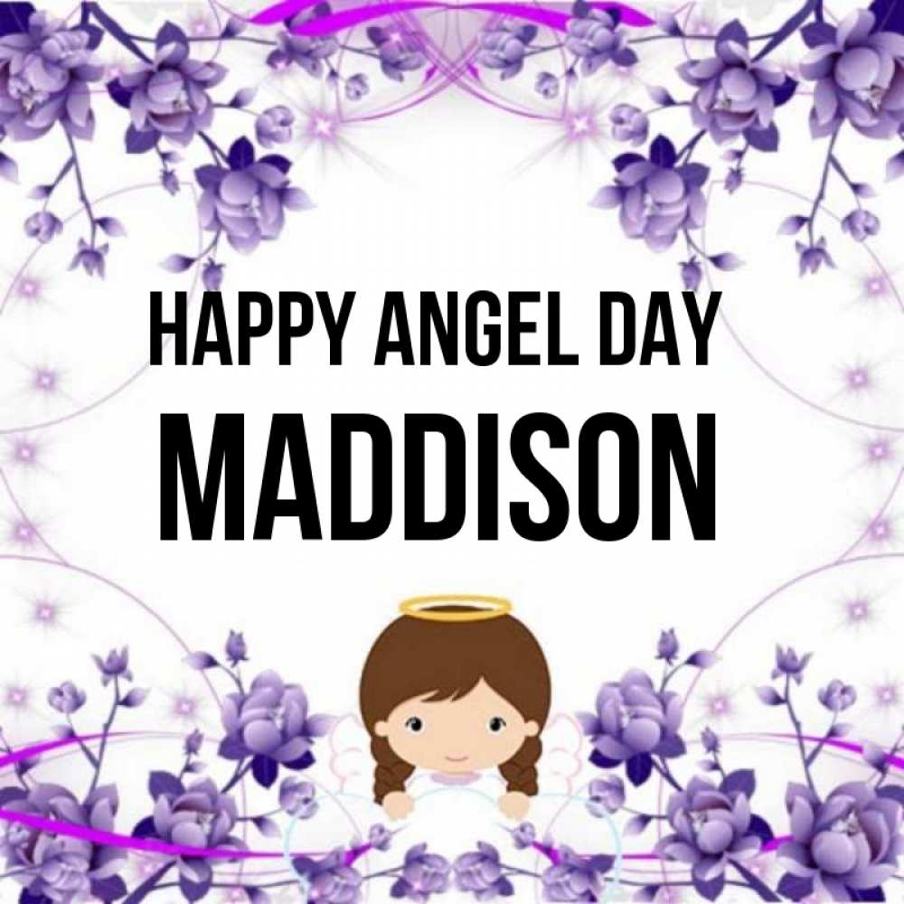 Greetings card с именем, Maddison happy angel day с именинами в рамочке Greetings with text for free download 