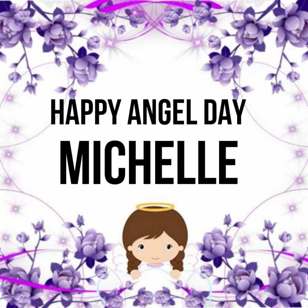 Greetings card с именем, Michelle happy angel day с именинами в рамочке Greetings with text for free download 