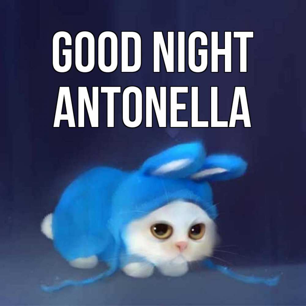 Greetings card с именем, Antonella Good night кот в голубом костюме кролика с ушками Greetings with text for free download 