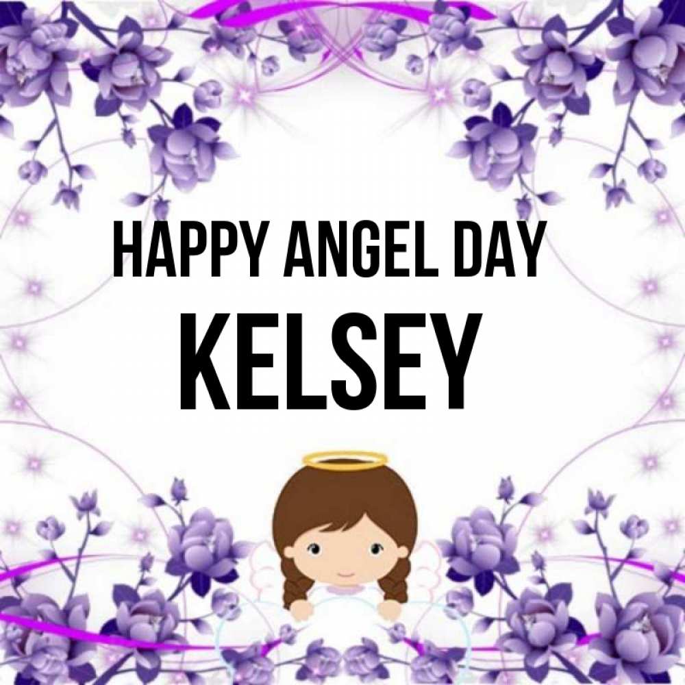 Greetings card с именем, Kelsey happy angel day с именинами в рамочке Greetings with text for free download 