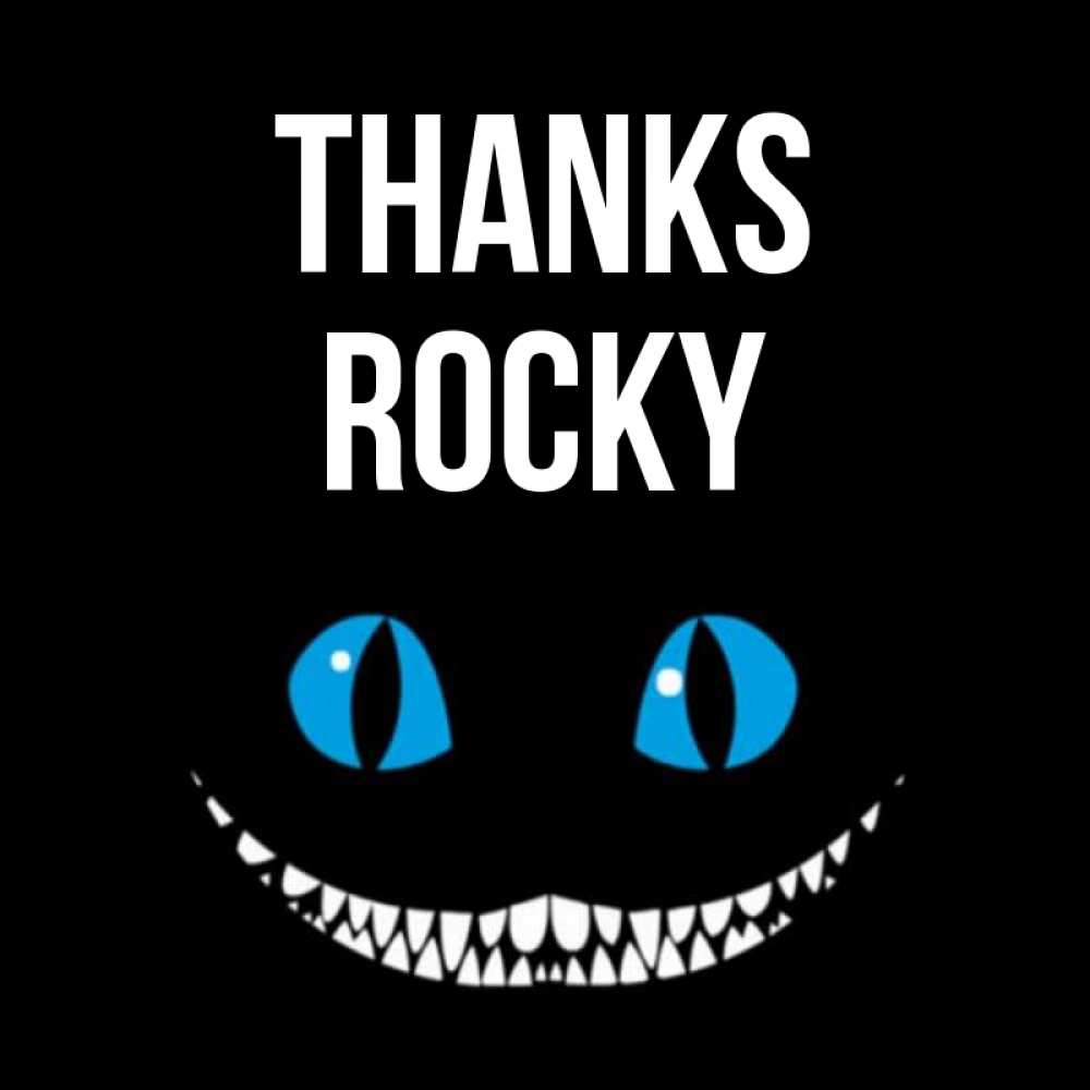 Greetings card с именем, Rocky Thanks благодарю от чеширика Greetings with text for free download 