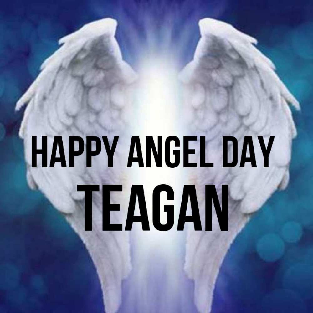 Greetings card с именем, Teagan happy angel day синий фон и крылышки Greetings with text for free download 