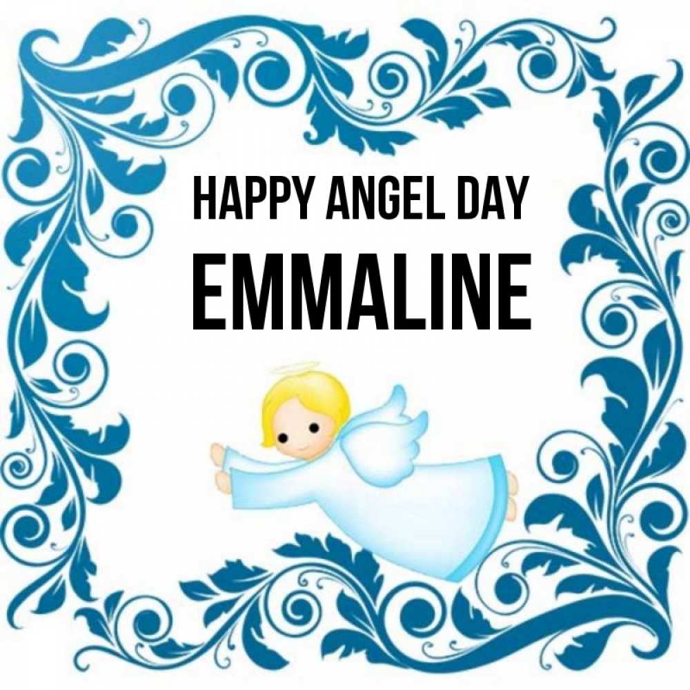 Greetings card с именем, Emmaline happy angel day девочка ангел и синяя рамка Greetings with text for free download 