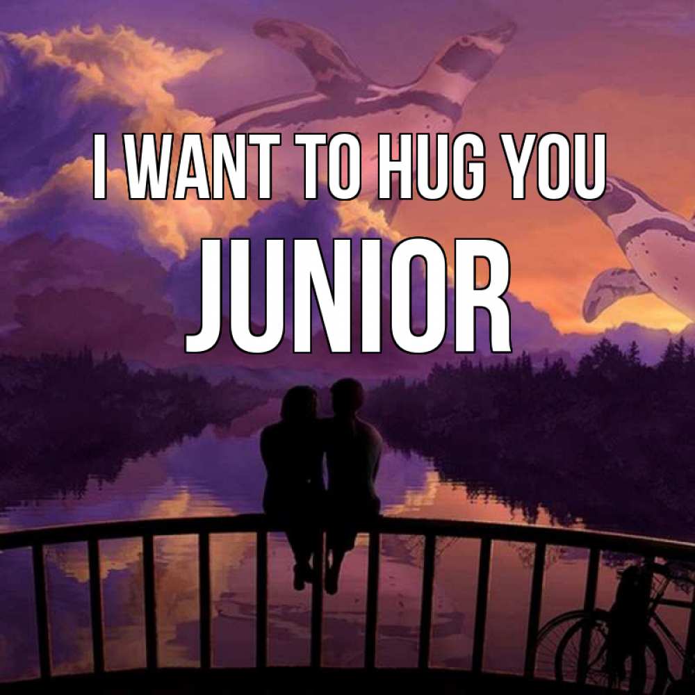 Greetings card с именем, Junior I want to hug you парочка сидит на мосте или на набережной Greetings with text for free download 