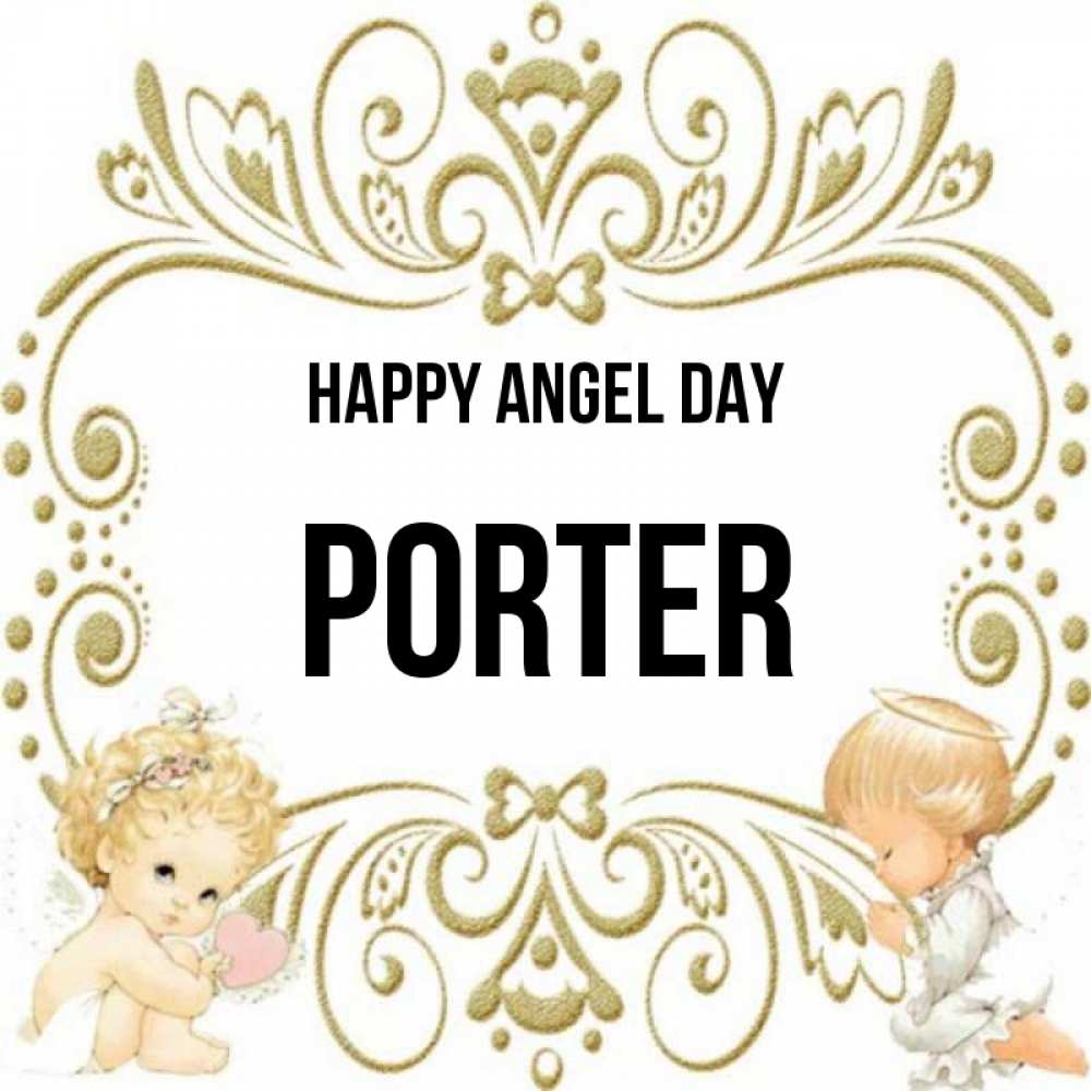 Greetings card с именем, Porter happy angel day с именинами поздравляют два красивых ангела. Один с сердечком другой молится Greetings with text for free download 