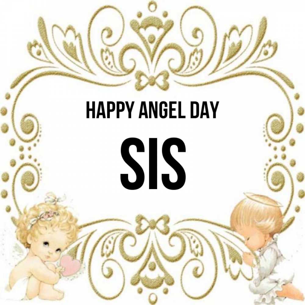 Greetings card с именем, sis happy angel day с именинами поздравляют два красивых ангела. Один с сердечком другой молится Greetings with text for free download 