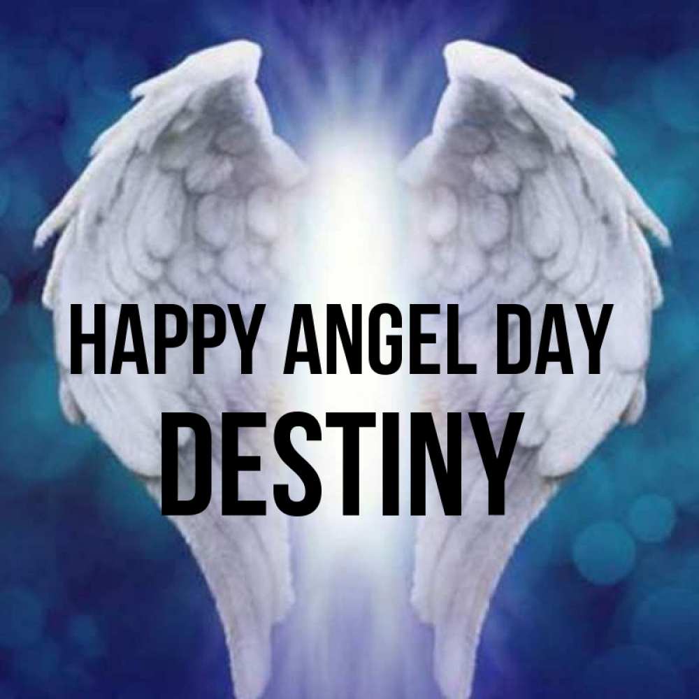 Greetings card с именем, Destiny happy angel day синий фон и крылышки Greetings with text for free download 