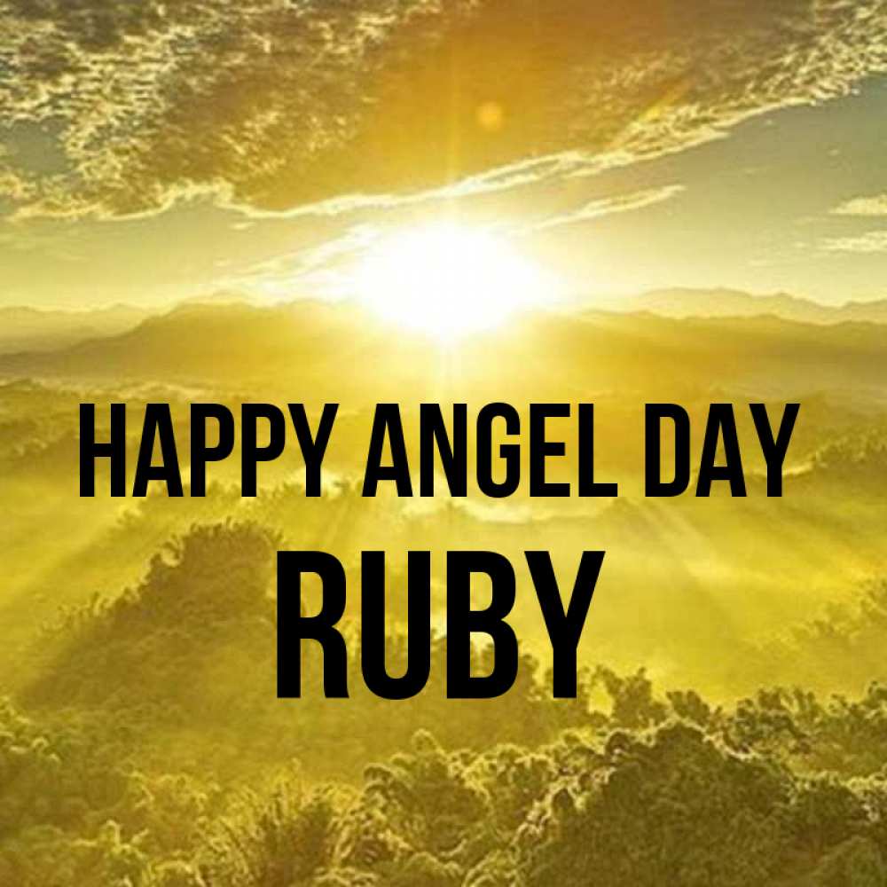 Greetings card с именем, Ruby happy angel day леса и небо в желтом Greetings with text for free download 
