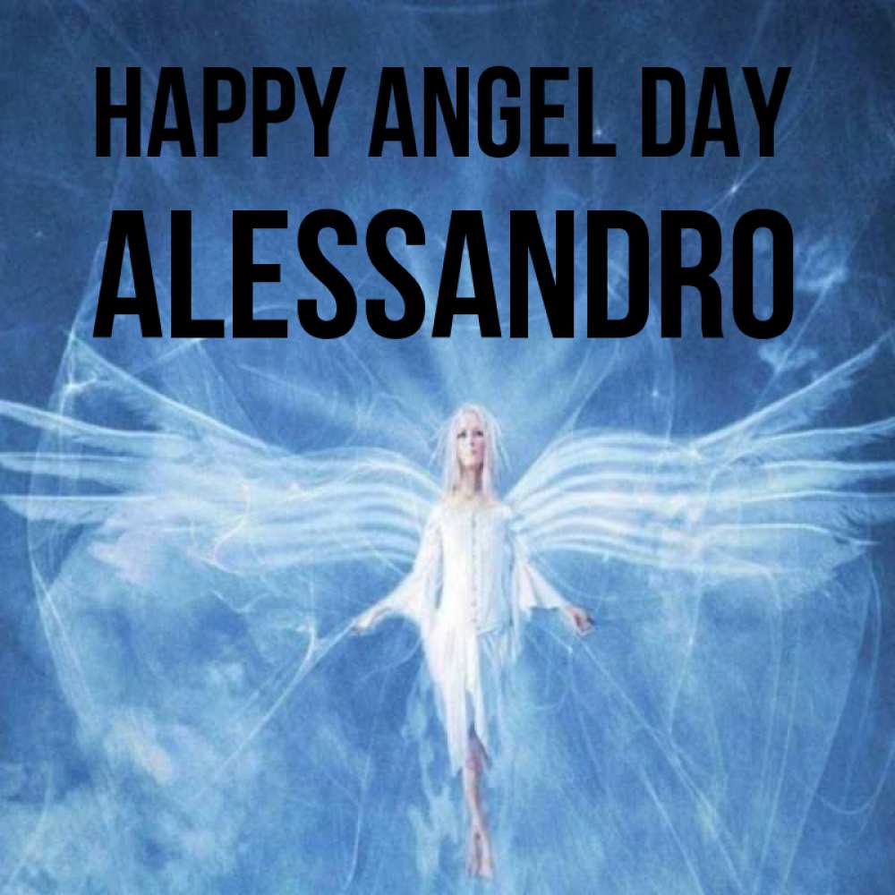 Greetings card с именем, Alessandro happy angel day голубой фон и крылья как у стрекозы Greetings with text for free download 