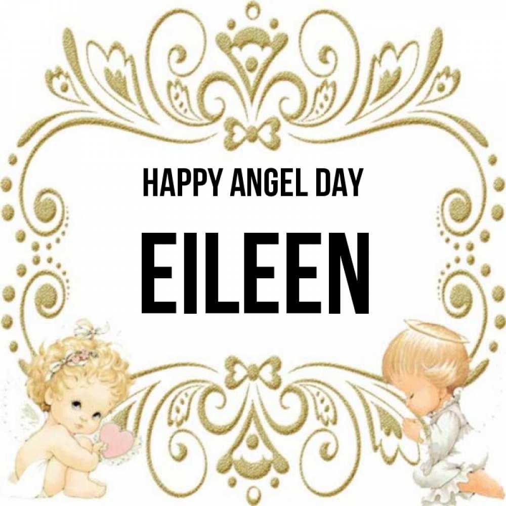 Greetings card с именем, Eileen happy angel day с именинами поздравляют два красивых ангела. Один с сердечком другой молится Greetings with text for free download 