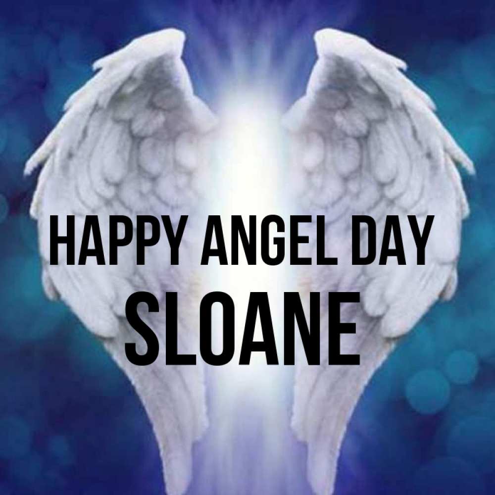 Greetings card с именем, Sloane happy angel day синий фон и крылышки Greetings with text for free download 