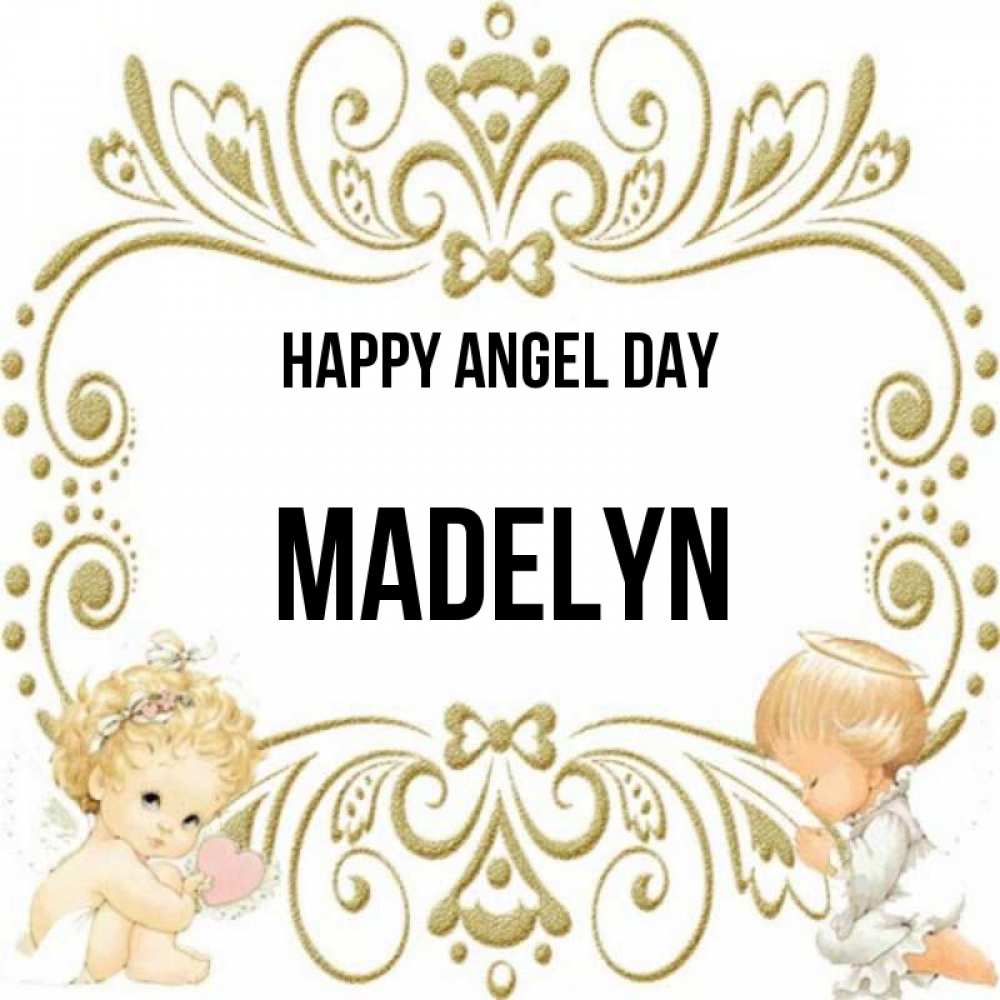 Greetings card с именем, Madelyn happy angel day с именинами поздравляют два красивых ангела. Один с сердечком другой молится Greetings with text for free download 