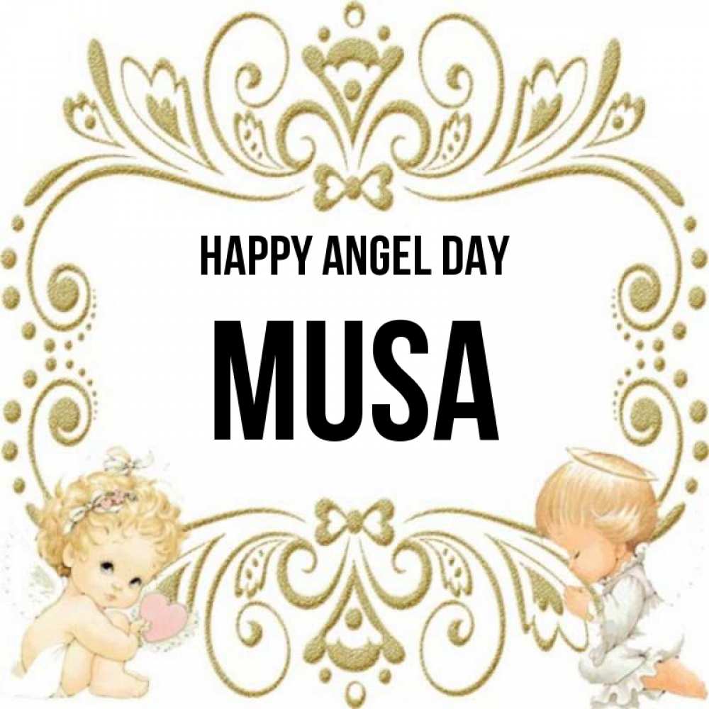 Greetings card с именем, Musa happy angel day с именинами поздравляют два красивых ангела. Один с сердечком другой молится Greetings with text for free download 