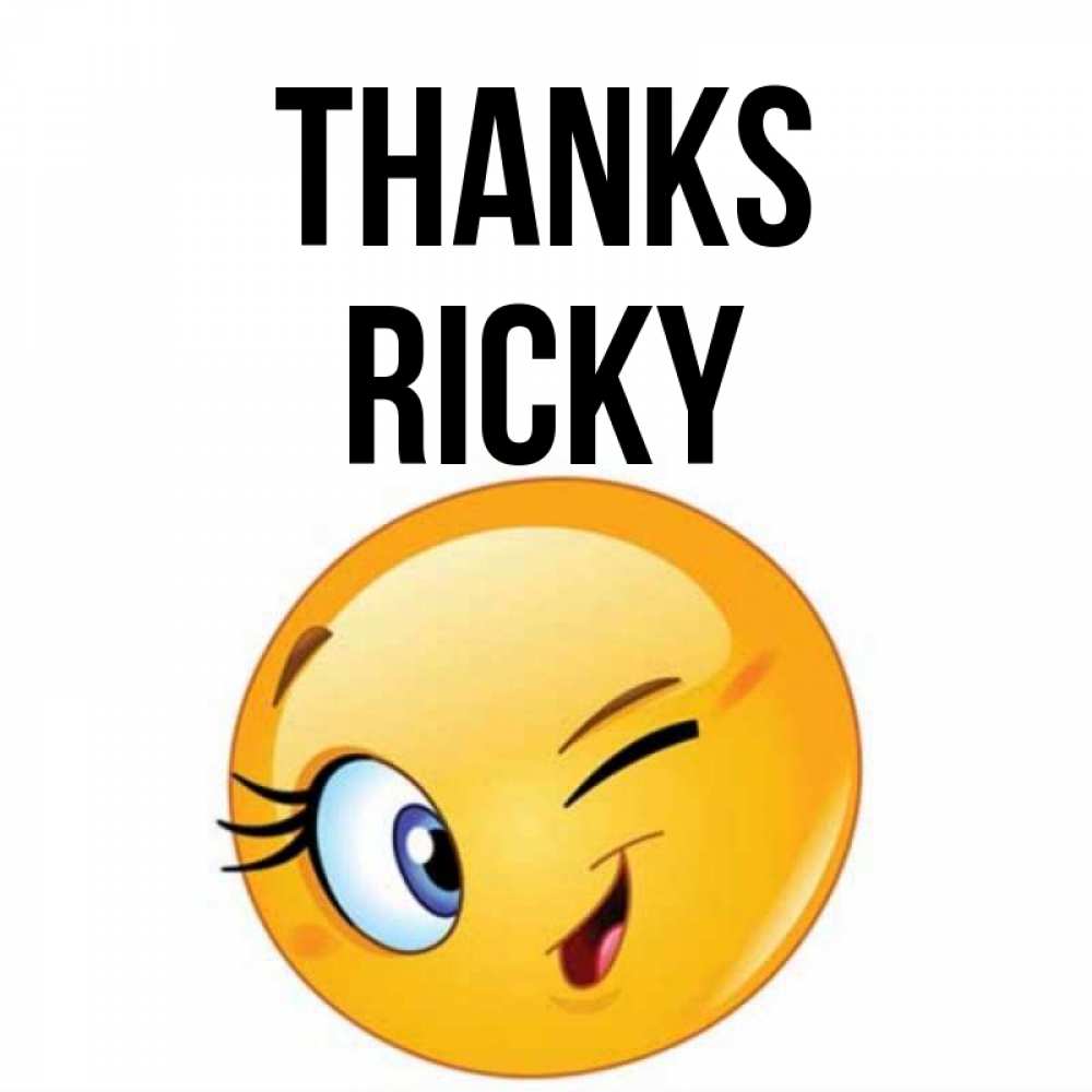 Greetings card с именем, Ricky Thanks открытка с подмигивающим смайлом Greetings with text for free download 