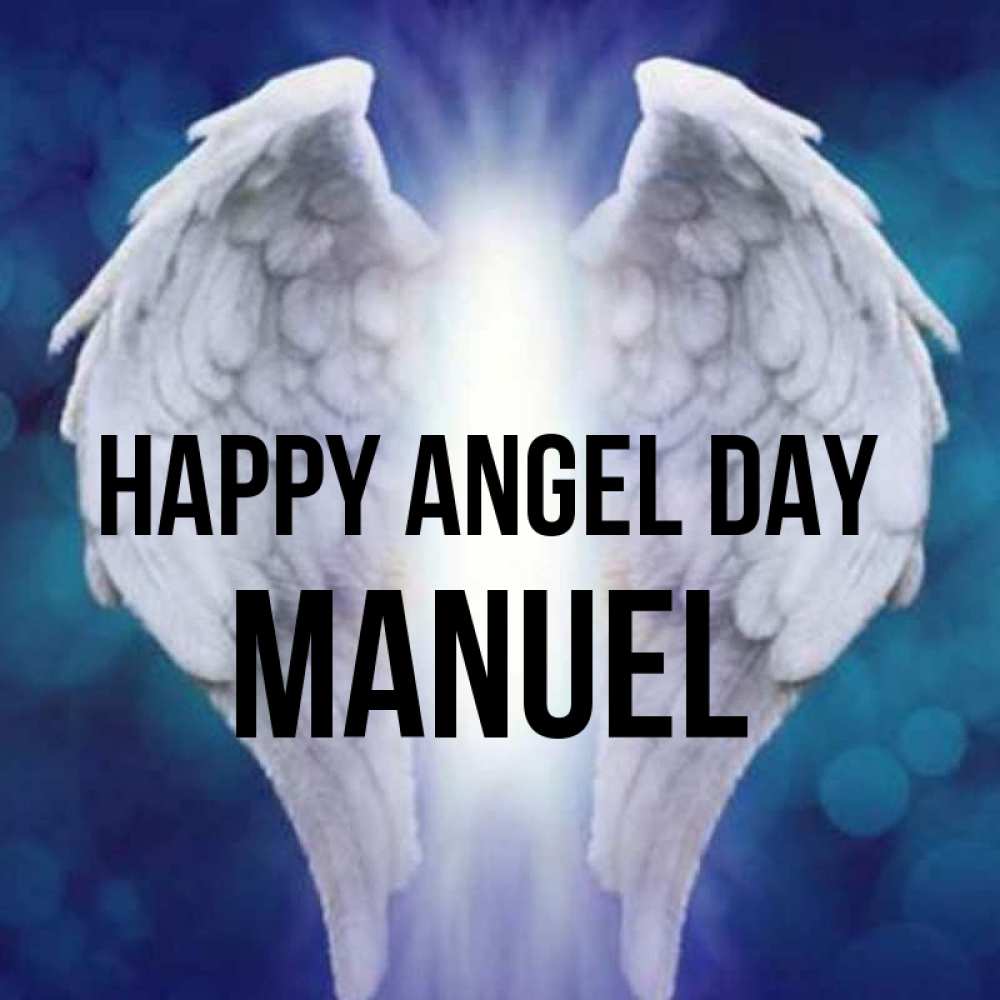 Greetings card с именем, Manuel happy angel day синий фон и крылышки Greetings with text for free download 