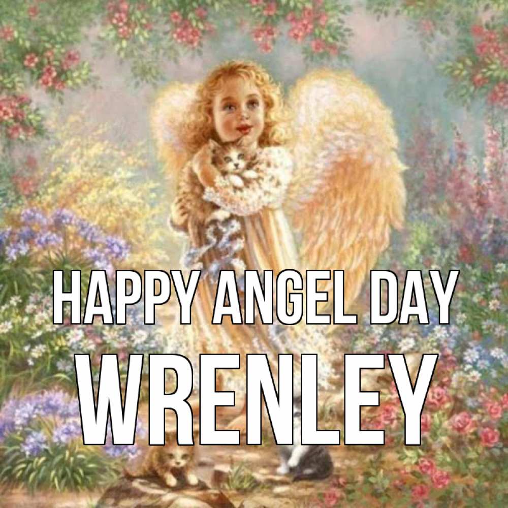 Greetings card с именем, Wrenley happy angel day держит котенка Greetings with text for free download 