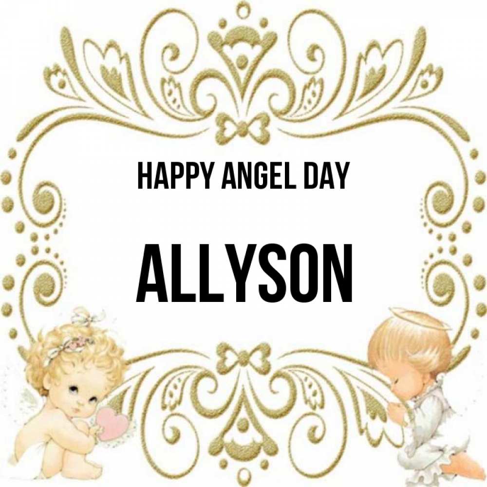 Greetings card с именем, Allyson happy angel day с именинами поздравляют два красивых ангела. Один с сердечком другой молится Greetings with text for free download 