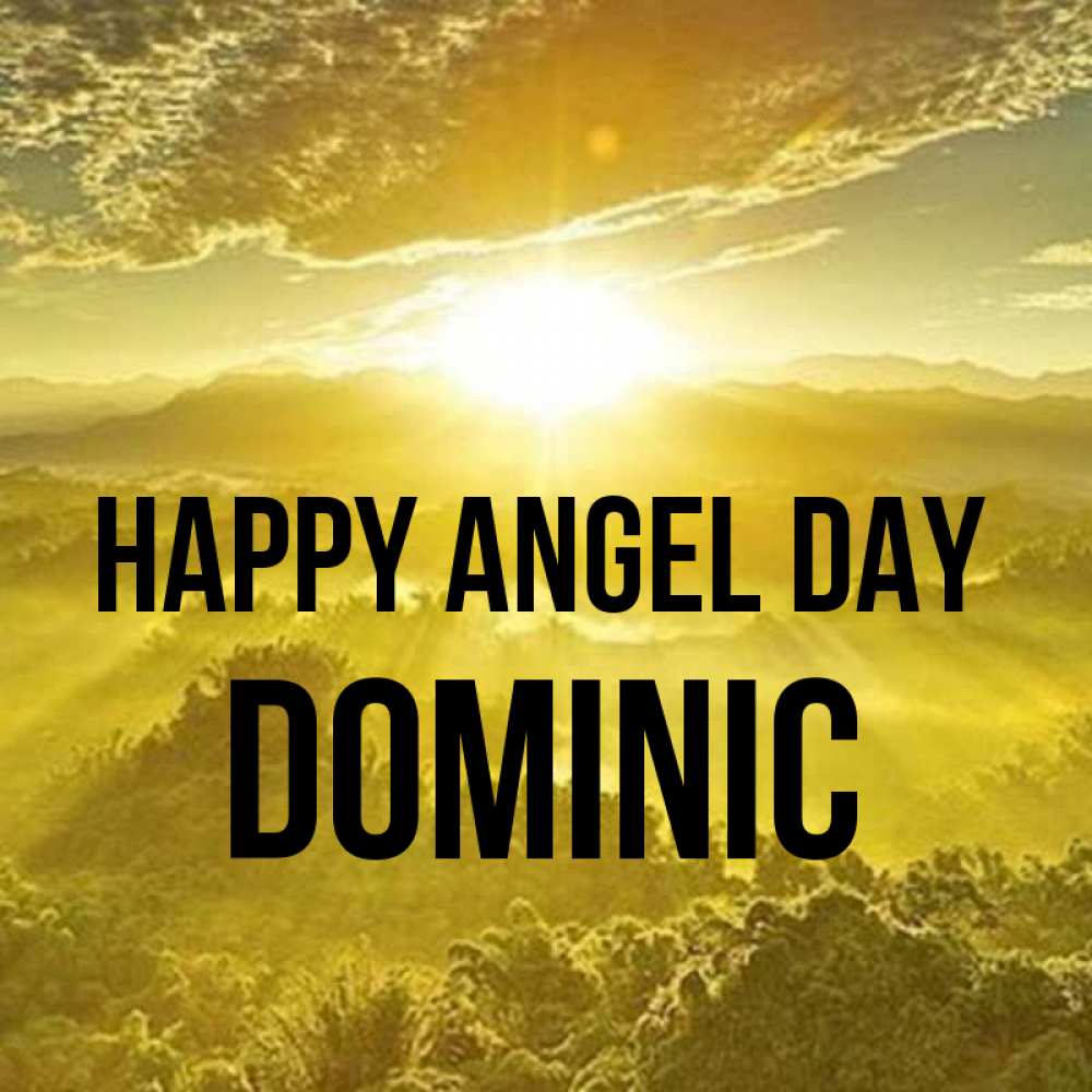 Greetings card с именем, Dominic happy angel day леса и небо в желтом Greetings with text for free download 