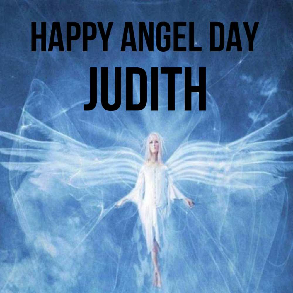 Greetings card с именем, Judith happy angel day голубой фон и крылья как у стрекозы Greetings with text for free download 