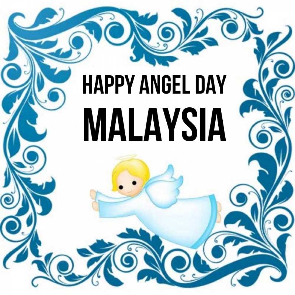 Greetings card с именем, Malaysia happy angel day девочка ангел и синяя рамка Greetings with text for free download 