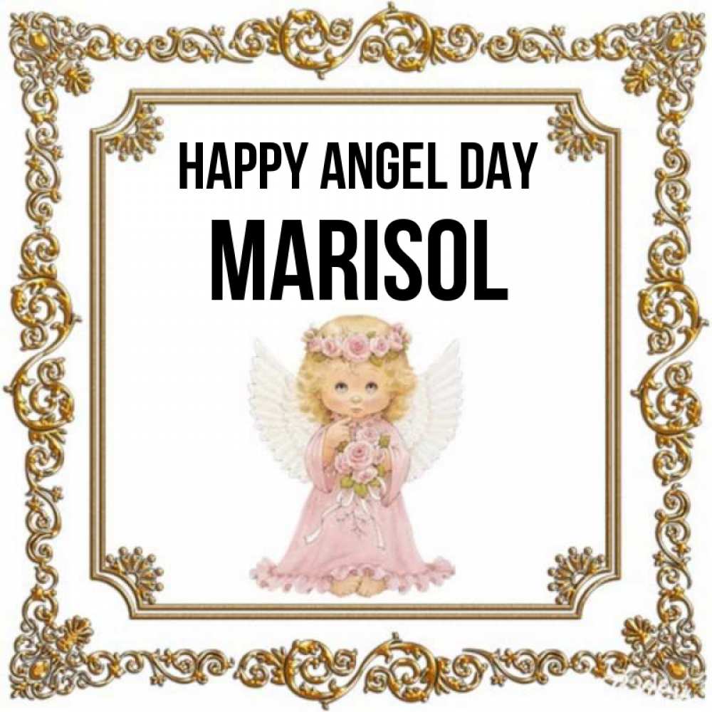 Greetings card с именем, Marisol happy angel day девочка ангел с крыльями и цветами в розовом платье Greetings with text for free download 