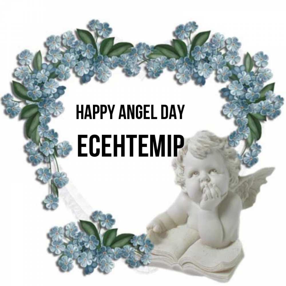 Greetings card с именем, Есентемір happy angel day голубые цветы и мраморный ангел Greetings with text for free download 